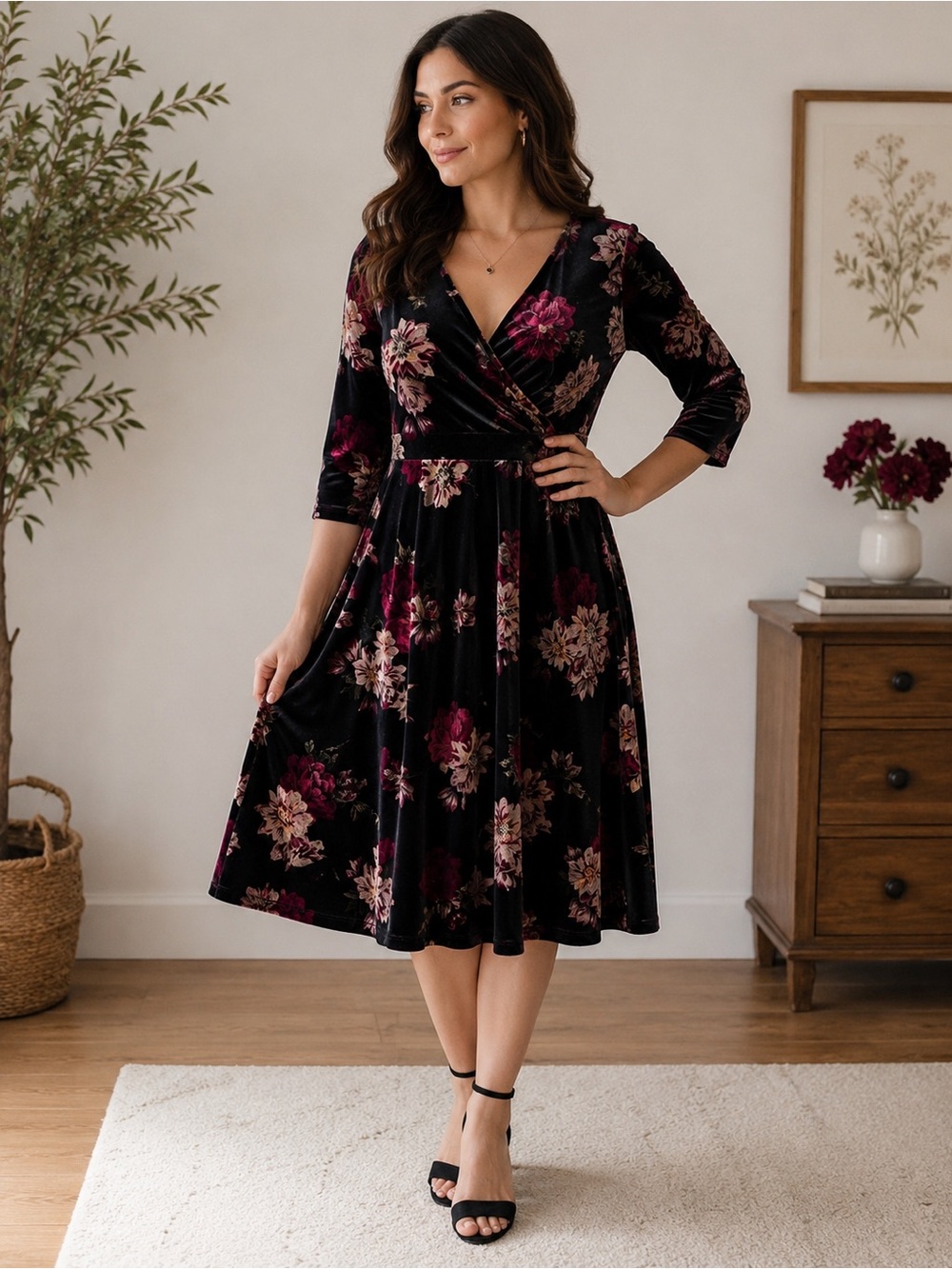 Black Collection Velvet Floral Wrap Dress XL Whimsigoth Cottagecore Coquette